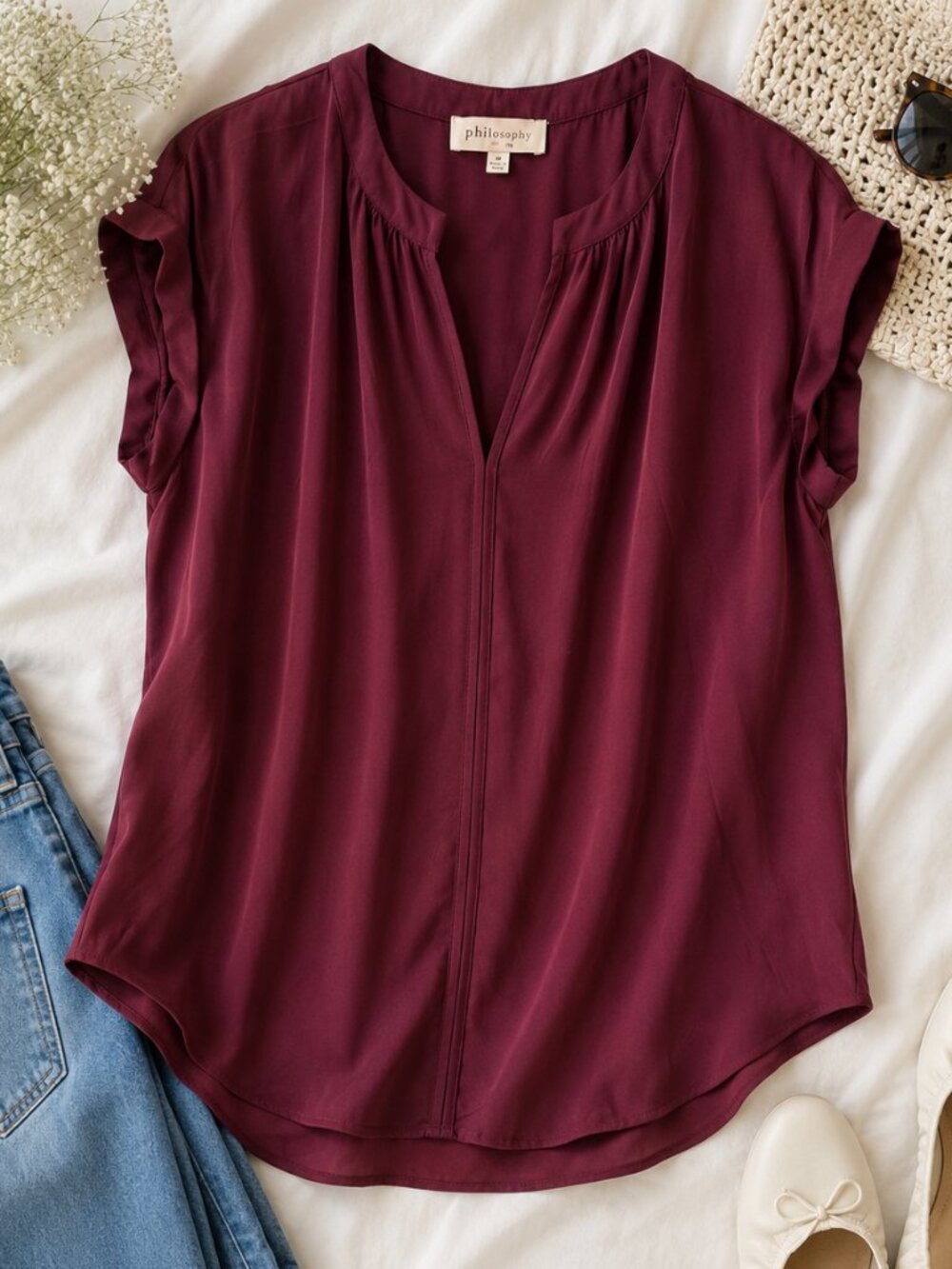 Philosophy Republic Clothing Burgundy Split Neck Blouse Medium Boho Office